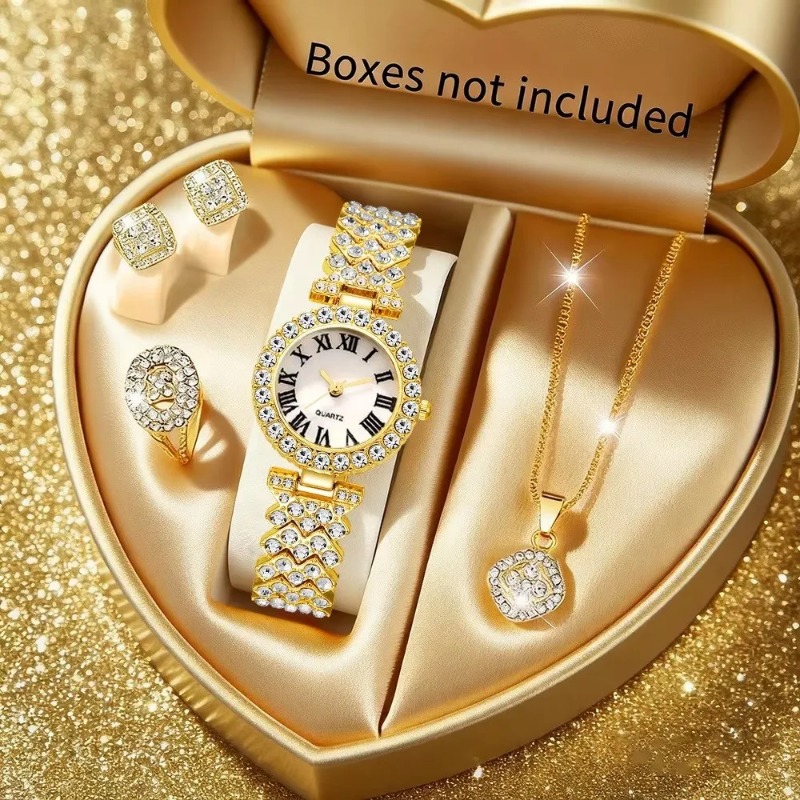 Jewelry Clasp Watches - 5-teiliges Luxus-Strass-Uhren-Schmuckset für Damen, römische Quarz-Armbanduhr