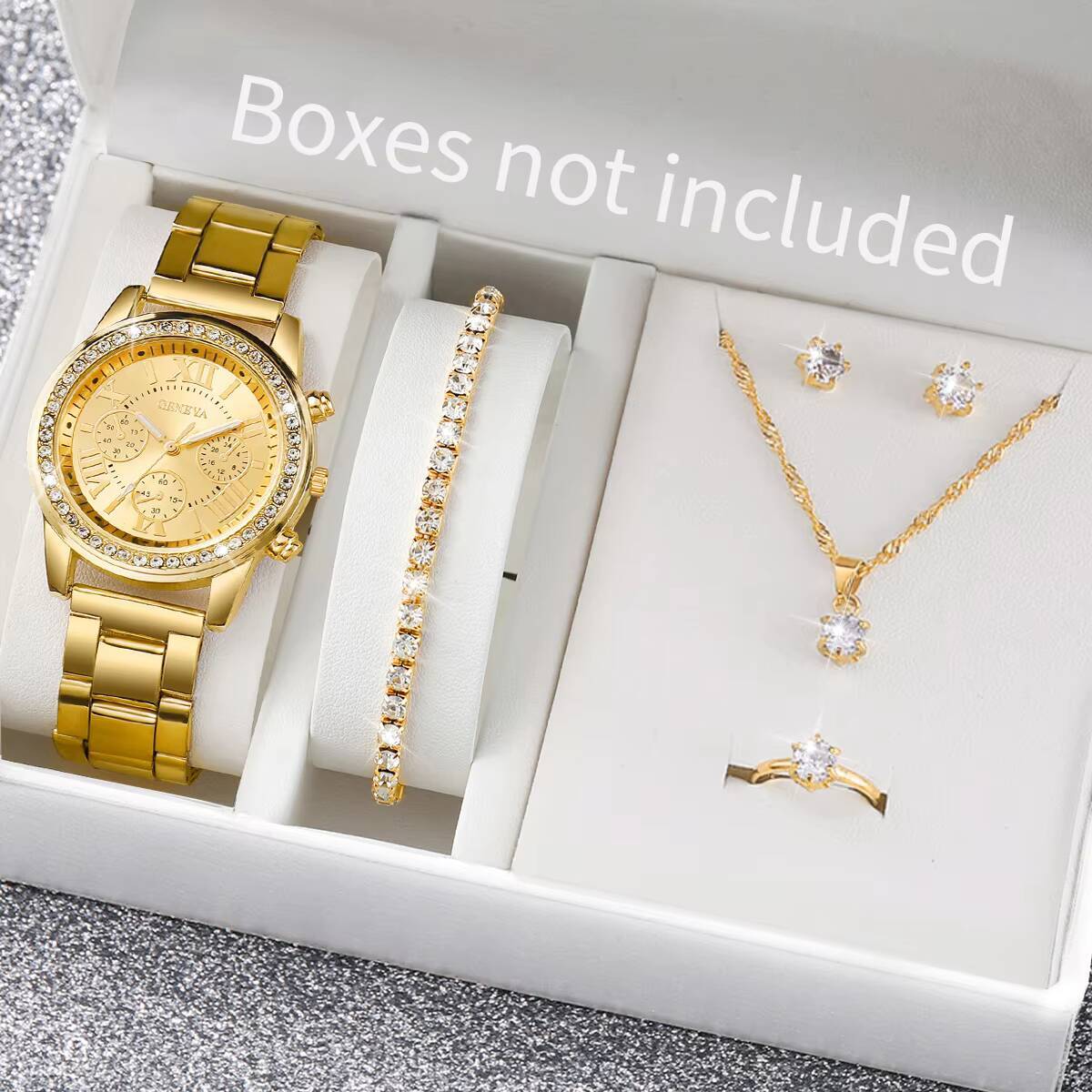 Jewelry Watches Women - 6 Stück/Set Mode-Strass-Damenuhren, analoge Quarz-Armbanduhr, Schmuckset,