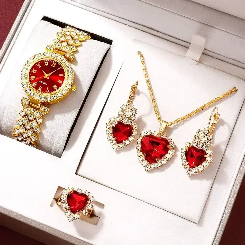 Jewelry Clasp Watches - Goldene Luxus-Uhr Damen Ring Halskette Ohrringe