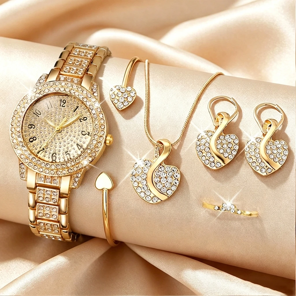 Jewelry Clasp Watches - 6-teiliges Modisches Strass-Uhrenset für Damen Herz-Schmuckset